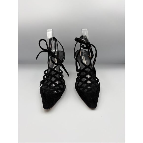 Manolo Blahnik Vintage Lattice Suede Ankle Tie Heels Black Size 38.5 - Picture 3 of 12